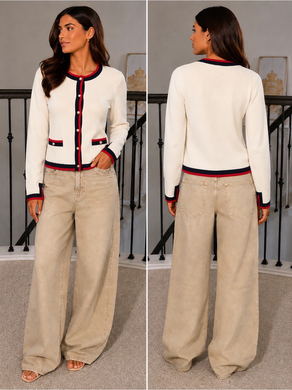 Zara Cream Cardigan with Black and Red Trim